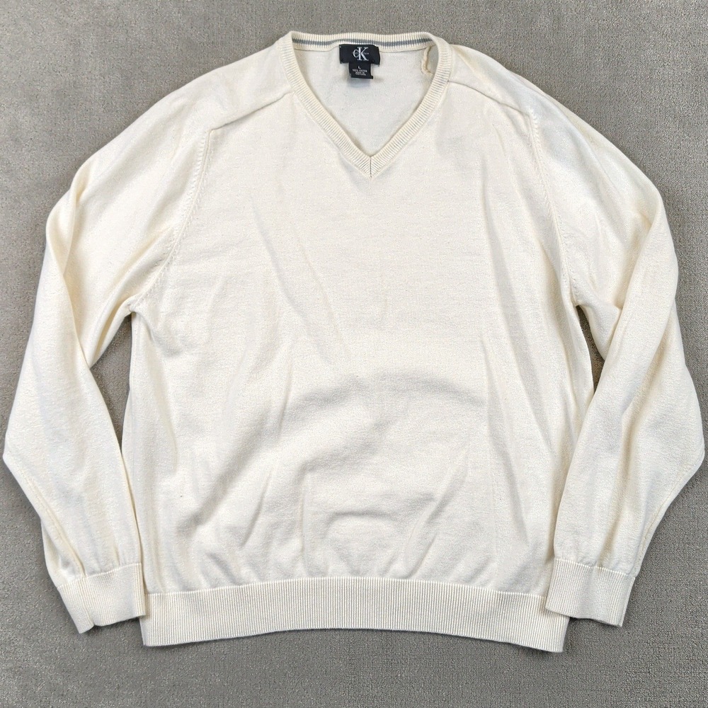 Calvin Klein V-Neck Sweater Mens Large Cream White 100% Cotton Knit Pullover CK